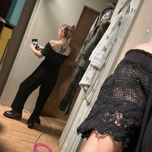 Wid- Leg Jumpsuit Romper lace Sleeve drawstring waist black Off  Shoulder O/S